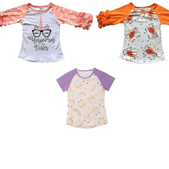 3 PCS Little Girls Kids Unicorn Polka Dot Rainbow Shirt Top Tee Tshirt Outfit - Picture 1 of 7